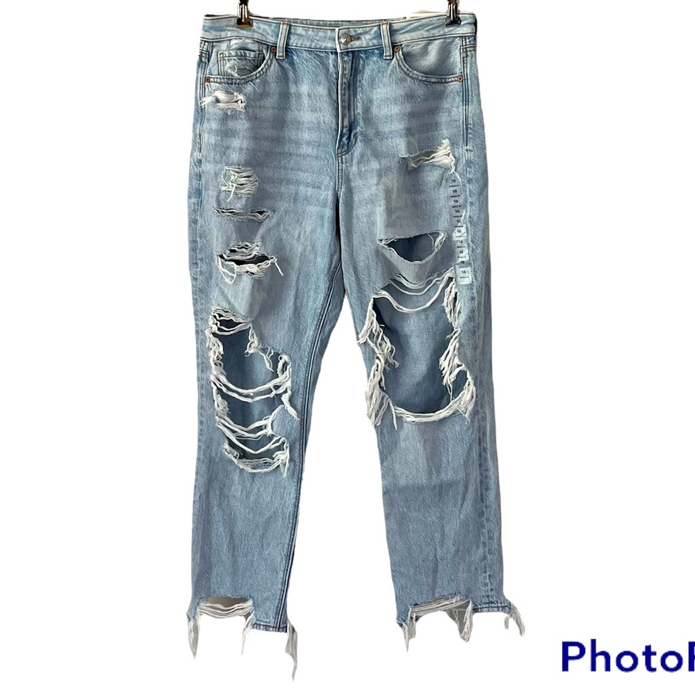 American Eagle High-Rise Mom Jeans Destroyed Comfort Stretch Waistband Size 10